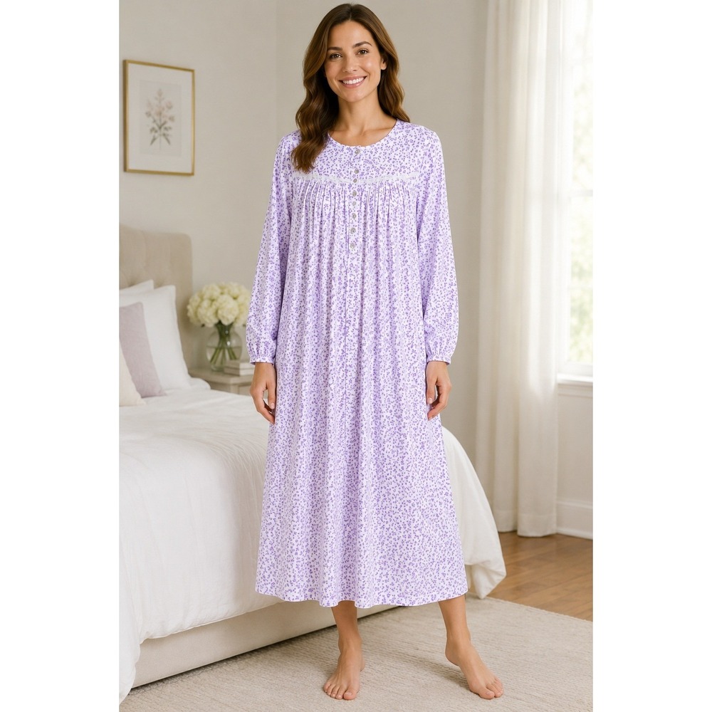 Eileen West Nightgown Womens L Purple Floral Cotton Long Sleeve Sleep Dress